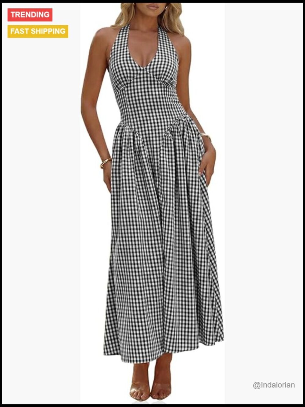 Halter V Neck Corset Maxi Dress - Plaid Smocked Tie Back Backless Summer